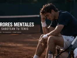 Errores mentales que sabotean tu tenis: qué hacer cuando la cabeza no acompaña jugador de tenis reflexionando durante un partido tras cometer un error
