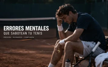 Errores mentales que sabotean tu tenis: qué hacer cuando la cabeza no acompaña jugador de tenis reflexionando durante un partido tras cometer un error