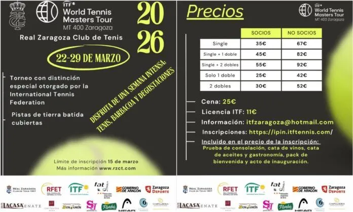 Cartel del torneo ITF Senior MT400 Zaragoza en el Real Zaragoza Club de Tenis