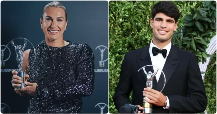 Carlos Alcaraz y Aryna Sabalenka con el premio Laureus en Madrid