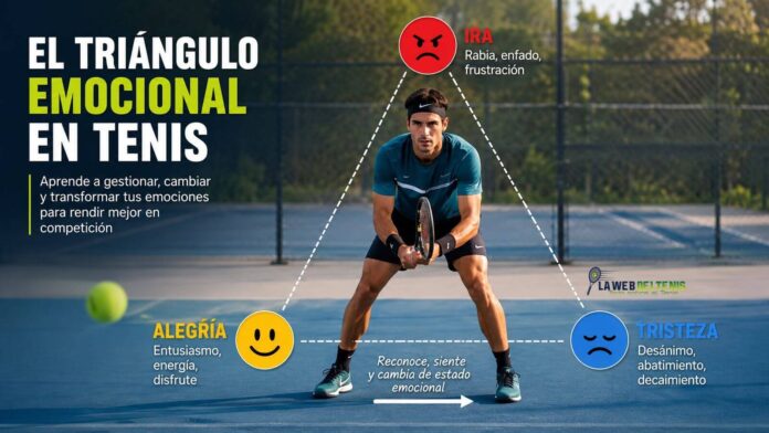 Tenista realizando un ejercicio de entrenamiento mental basado en el triángulo emocional para mejorar la gestión de las emociones durante la competición.